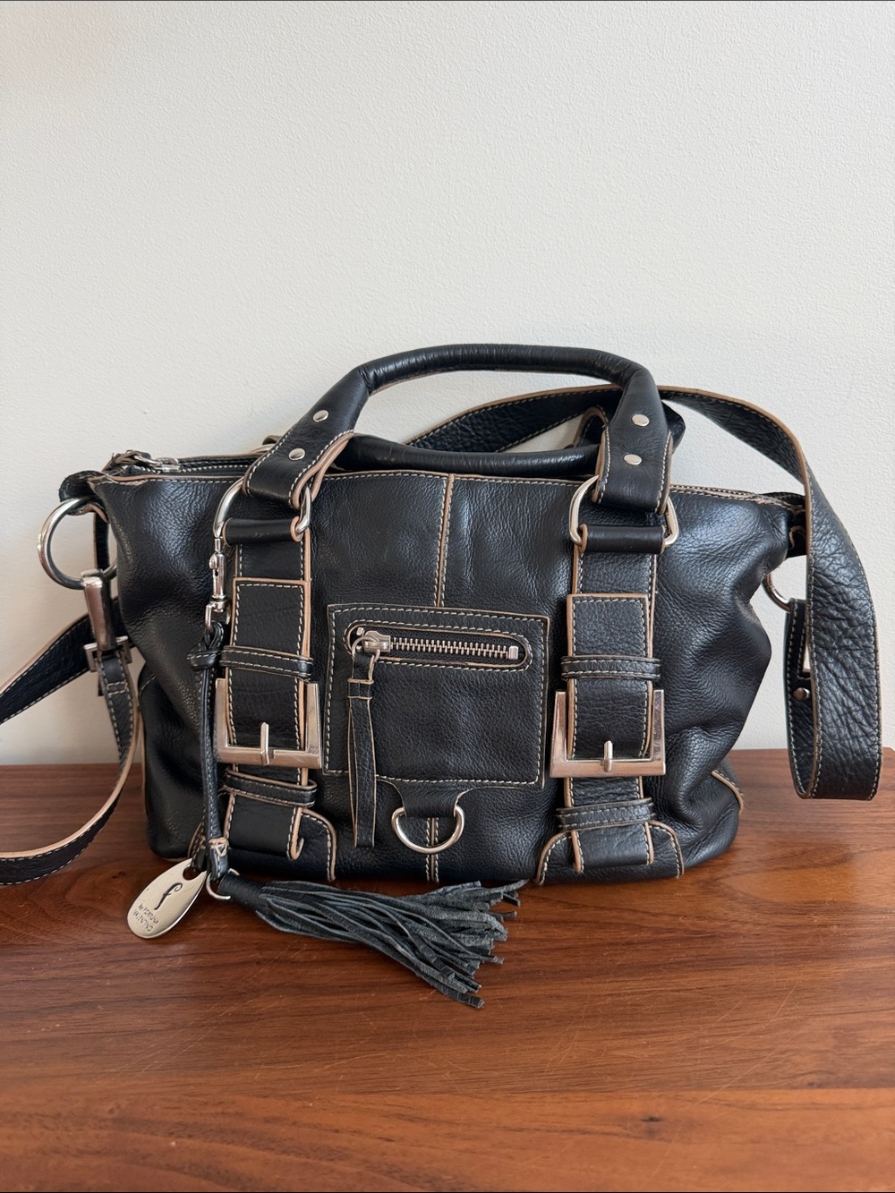 Fortuna Valentino Black Leather Satchel with Crossbody Strap/ Silver Hardware